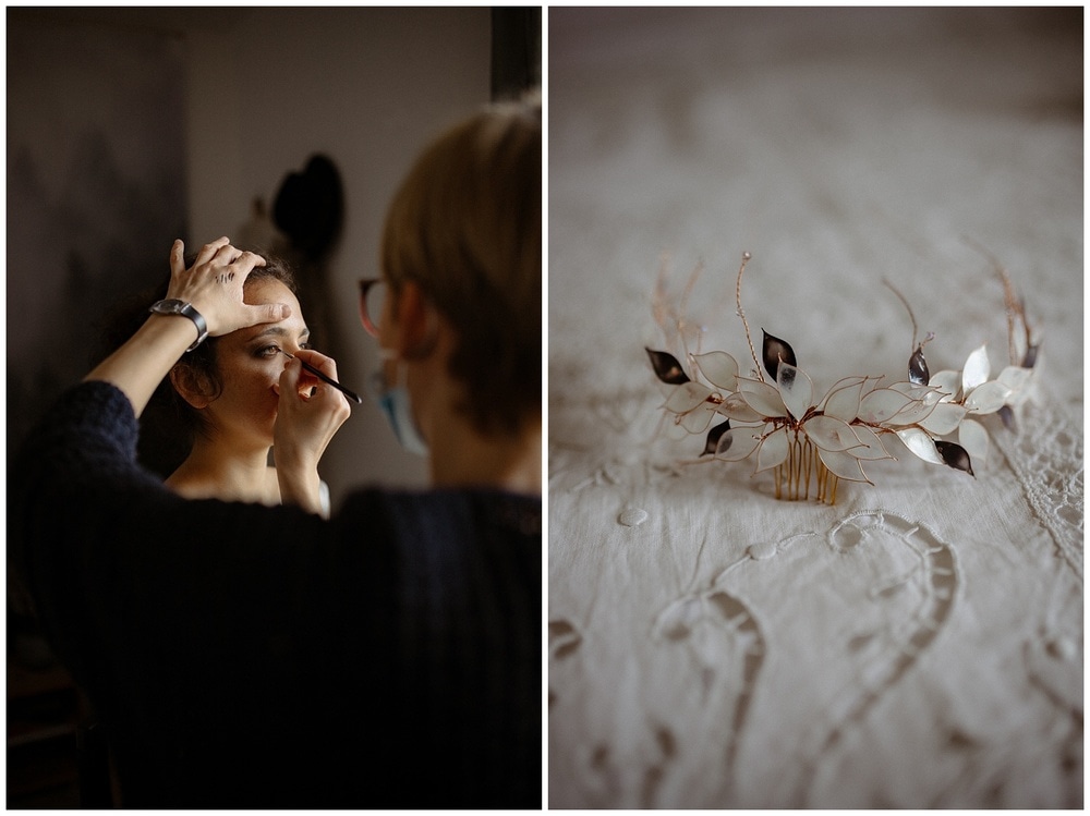 Deux photographies par Deep montrant le travail de créateur artisan, à gauche une maquilleuse, à droite une couronne bijoux